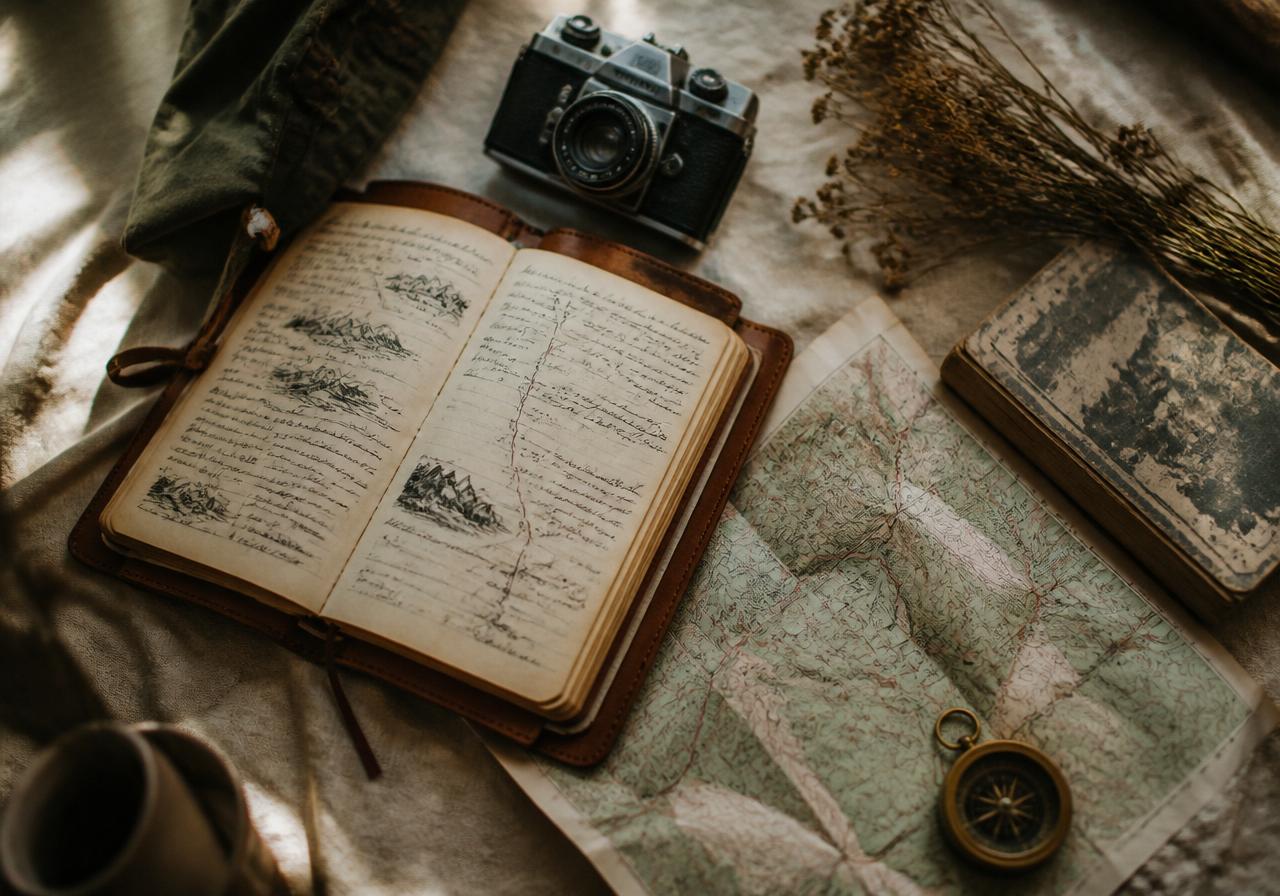 Open notebook with hand-sketched route notes and a printed map